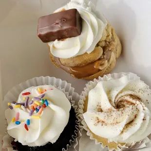 Snickers Cream Puff, Vanilla Tres Leches Cupcake, Chocolate Tres Leches Cupcake