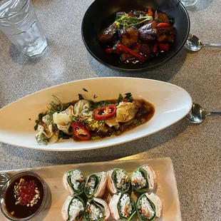 pork &amp; shrimp spring rolls, dumplings, eggplant apps