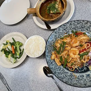 a plate of food and a bowl of soup