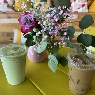 Matcha tea latte and Tropical Irishman