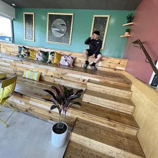 Cool sitting area with plugs to connect and charge electronics