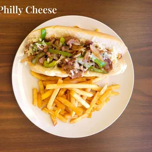Philly Cheese sandwich with onions and peppers. Side of French fries