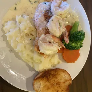 Baked Scottish Salmon with shrimp and mashed potatoes