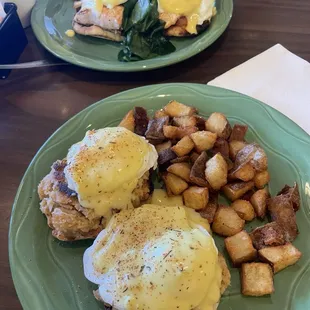 Salmon Benedict and crab cake Benedict