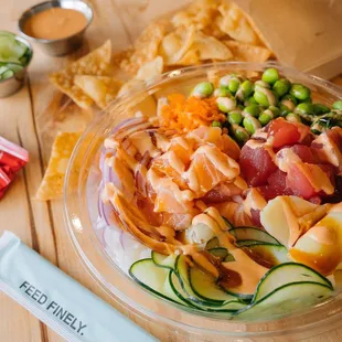 a bowl of food with chips