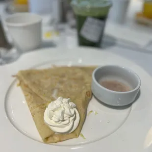 Lemon zest crepe and green machine pressed juice