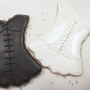 Black and white corset cookies, perfect for a bridal shower or bachelorette party.