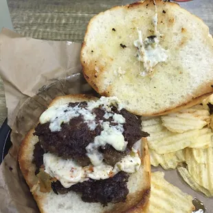 Olive and blue cheese burger