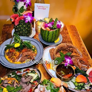 Lychee Shrimp, Thai Beef Salad, Red Snapper in Chili Garlic Sauce, Duck Red Curry, Pina Colada + Watermelon Margarita