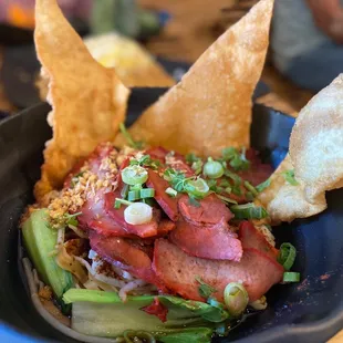 Baa Mee Moo Dang (bbq pork, noodles, bok choy, wontons, scallions, and broth)