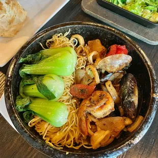 Seafood Clay Pot - with tiny baby scallops, and slightly over cooked shrimp.  Sauce tasted similar to Chinese black bean sauce!