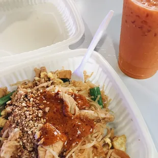 Chicken pad Thai (with the peanut sauce) and a Thai tea