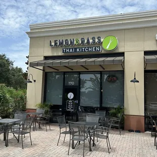 Facade, entrance, and alfresco seating.