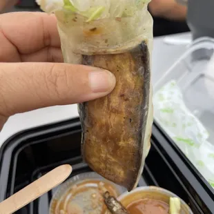 a hand holding a wrap of food
