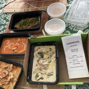 Fish fillet, Spicy Thai Garlic Shrimp (red), Massaman chicken curry, Green chicken curry, sticky rice, brown rice.