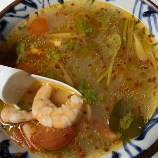 Tom yum with shrimp, spicy level medium