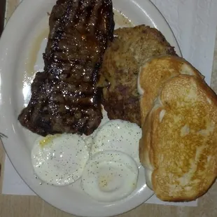 Steak &amp; eggs + potato pancakes!