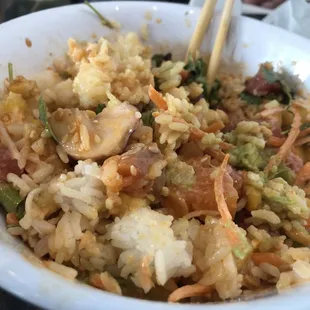 3 scoop bowl. Spicy salmon, octopus, and Ahi Tuna