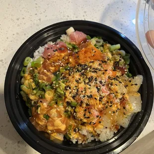 3 scope poke bowl with added scoop of protein.  Base: sushi rice