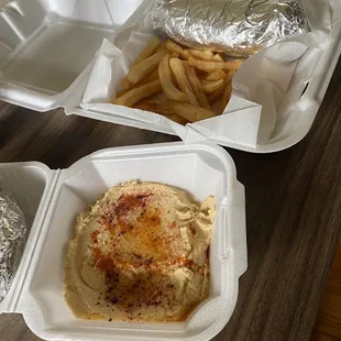 Hummus, gyro and fries