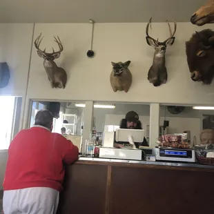 a man at a counter with deer heads on the wall