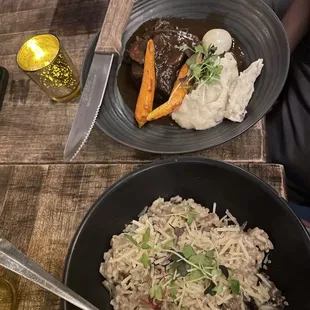 a plate of food on a wooden table