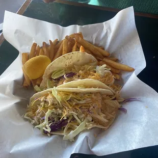 Fish tacos and fries
