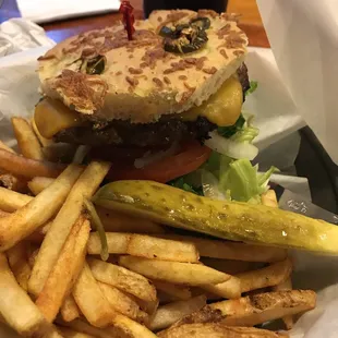 Cheese burger on jalapeño bread