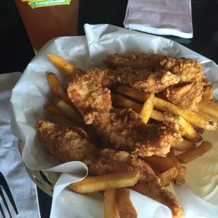 Raspberry wheat paired with yummy chicken strips and fries.