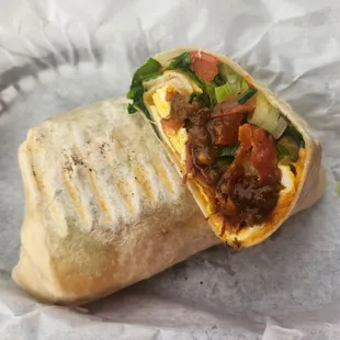 Bacon, egg, cheddar cheese, potato, spinach, bell pepper, tomato - breakfast burrito (on regular flour tortilla)
