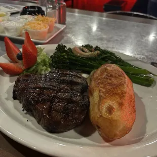 Sirloin, baked potato, broccolini (off menu item!)