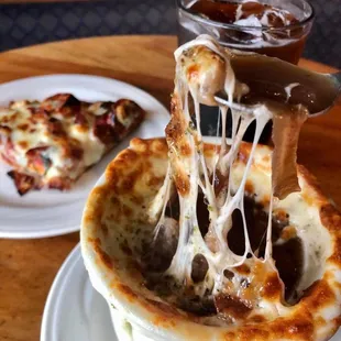 Lunch combo, French Onion Soup and Slice.