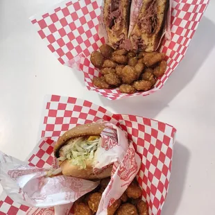 two baskets of food on a table