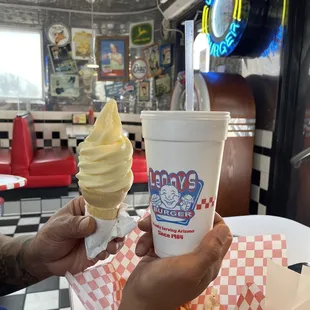 Cold drink &amp; classic vanilla ice cream on a cone