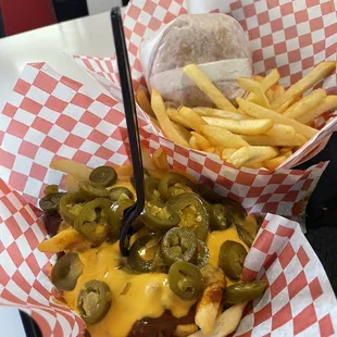 Chili cheese fries with fresh jalapeños