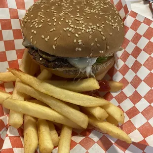 Garlic and Mushroom burger with fries! Delicious!