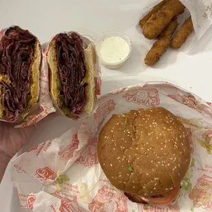 Pastrami dip sandwich, mushroom burger, Side of Fried Zucchini