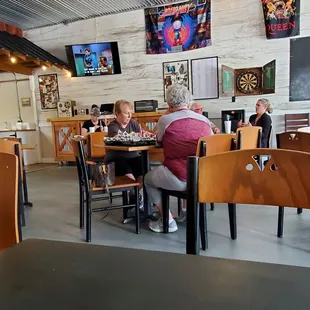 people sitting at tables in a restaurant