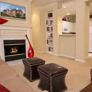 Warm living rooms with built-in-bookshelves