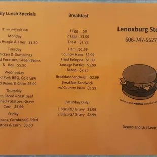 Menu - breakfast and lunch specials