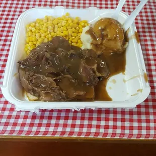 Thursday special: Open-faced roast beef, mashed potatoes and corn, loaded up with gravy