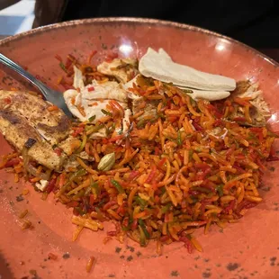 Lentils special. Comes with two kebabs of chicken, rice, hummus, lentil soup and pita wedges.