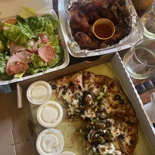 Amazing pizza! Wings and salad! So simple yet so good!  (Wine not included) lol