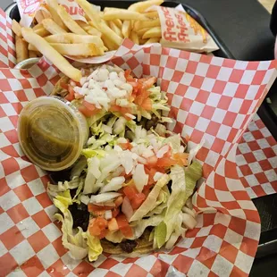 Steak tacos (sans cilantro), fries