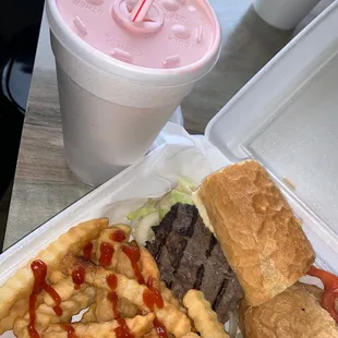 Sirloin steak sandwich dinner, strawberry shake
