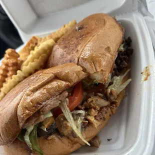 Torta combo with fries half Asada half pastor fabulous and stuffed