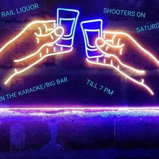 $1 rail liquor shooters from 4 PM to 7 PM on Saturdays in the karaoke/big bar only.