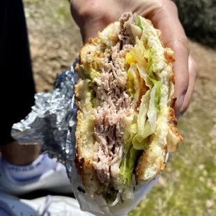 a person holding a sandwich