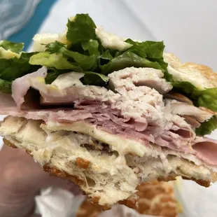 a hand holding a sandwich