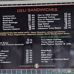 Deli Sandwich Menu